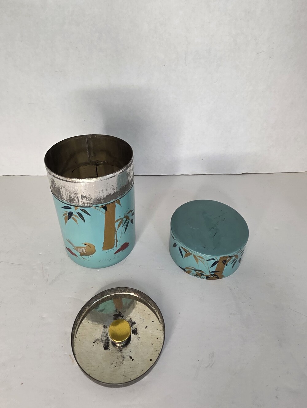 Vintage Japanese Tea Caddy with Bamboo and Bird Motif 3 Pieces Metal